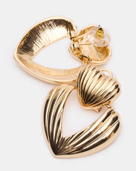 RIBBED DOUBLE HEART EARRINGS GOLD